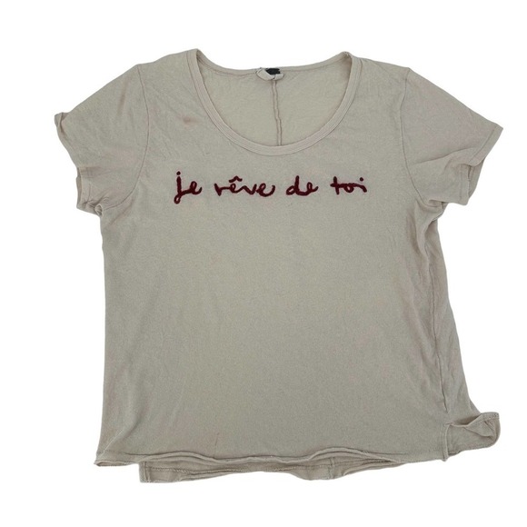Free People Je Reve De Toi Appliqué Tee top shirt 100% Cotton Cream Size Small - Picture 4 of 11